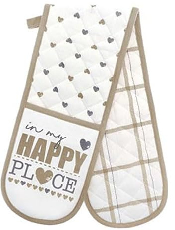 Double Oven Glove – Heat Resistant, Quilted Cotton Mitts – Kitchen Gauntlet for Baking, Cooking & Grilling (HAPPY PLACE)