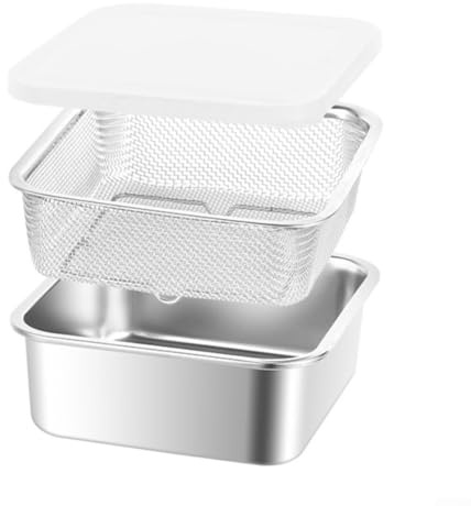 Zilimontt Lot de 3 plaques de cuisson en acier inoxydable, avec panier filtrant et couvercle, pour la cuisine, le réfrigérateur, l'organisation de la préparation des aliments (19 x 19 x 7,2 cm)