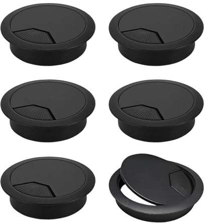 Lotnery 6 Pack 80mm Black Plastic Desk Cable Grommets | Round Wire Organiser Caps for PC Computer Ports, TV Stands & Tabletops | Cable Hole Cover Plug Bushings to Hide Data Cords