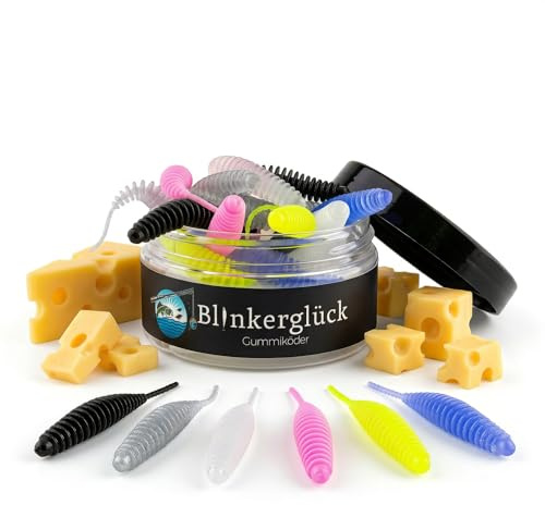 Blinkerglück Troutworm 6 cm – 18 Stück im wiederverschließbaren Tiegel – Softbait Forellenwurm mit feinen Lamellen – Handmade in Germany – 6 Farben, optional Knoblauch- oder Käse-Aroma