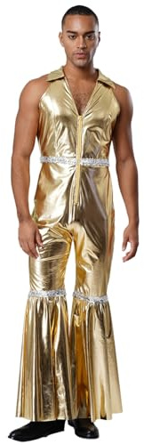 Rswnyirn herr metallisk jumpsuit racket playsuit ärmlös med krage retro disco kostym halloween karneval kostym guld XXL