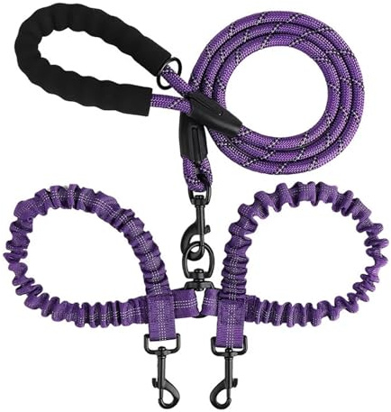 Dubbelkoppel för husdjur, hund, elastiskt rep, två huvuden, nylon, ett drag, husdjur, handhållande rep, anti-lindning, elastiskt hundkoppel (lila)