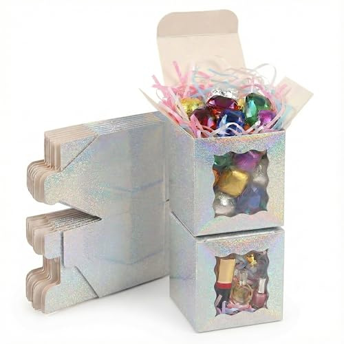STRBOXONG 25 Stück Holografisch Silber Geschenkboxen mit Fenster (10x8x10cm) – 350gsm Glitzernde Geschenkschachteln, Kartonage für Hochzeit, Geburtstag, Gastgeschenke, Brautjungfern & Weihnachten