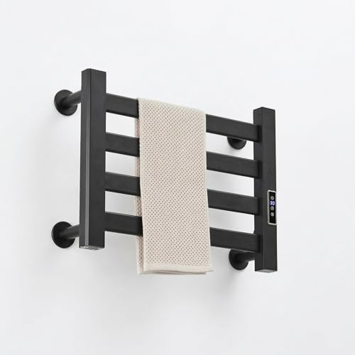 VelvetWarm Heated Towel Rail Self-Adhesive & Wall Mounted,4 Bar 355 x485mm Electric Towel Rail with Thermostat,Black Flat Bathroom Ladder Electric Towel Radiator