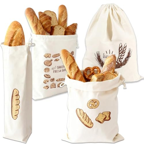 HUILATE 4 Stück Brotbeutel Leinen, Leinensack für Brot, Brotsack, Brottasche mit Kordelzug,Brotbeutel zum Frischhalten für Brot Obst Gemüse
