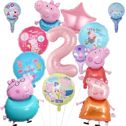 Geburtstagsdeko 2 Jahre Mädchen Luftballons Deko 2. Geburtstag Mädchen Cartoon-Thema Folienballon und Helium Ballons Geburtstag Deko Set für Kindergeburtstag Partydeko