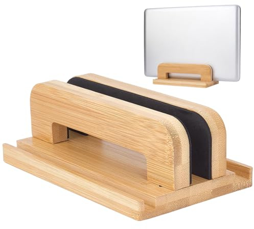 PH PandaHall 3 Slots Vertical Laptop Stand Wooden Laptop Holder Space-Saving Non-Slip Tablets Organizer Desktop Tablets Storage Adjustable Dock Stand for Mobile Phone Computer Keyboard Organizer