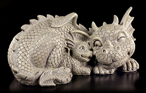 Figuren Shop GmbH Süße Drachen Gartenfigur - Mutter mit Babydrache - Gartendrache