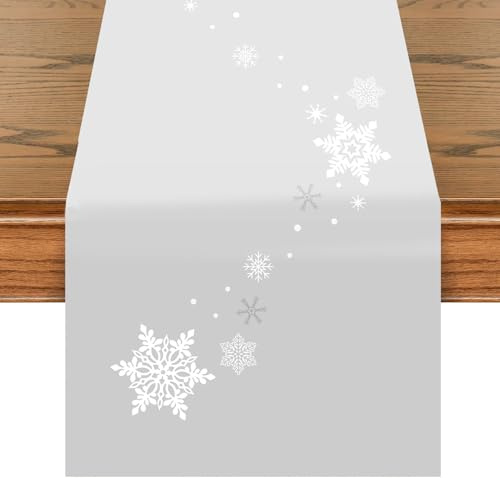 khevga Küchentextilien - Tischläufer Weihnachten grau Silber 40 x 140 Schneeflocken