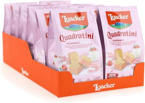 Loacker, Quadratini Raspberry e Yoghurt, Cubetti Fragranti con Cinque Strati di Cialdine Wafer e Quattro di Crema Yogurt e Lamponi, Snack Dolci per Colazione, 12 Sacchettini Richiudibili