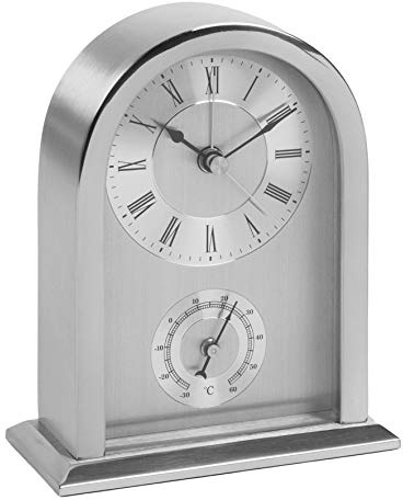 WM Widdop A stunning, brushed aluminium arched mantel carriage clock with Thermometer guage