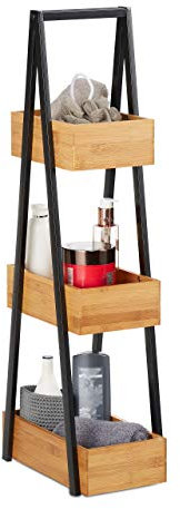 Relaxdays Badregal Bambus, platzsparendes Leiterregal mit 3 Ablagen, Bad, Küche, Wohnzimmer, Metall, 81x18x30 cm, natur, Hellbraun, Schwarz