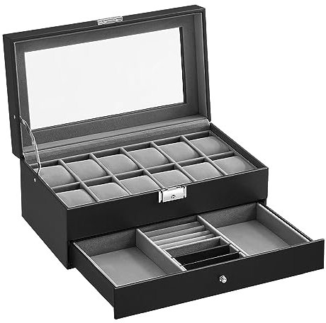 SONGMICS Uhrenbox, Uhrenkoffer, Glasdeckel, 2-stöckige Schatulle, 12 Uhren, abschließbar, 1 Schublade, Ringe, Armbänder, schwarze Beschichtung und graues Futter JWB012G01