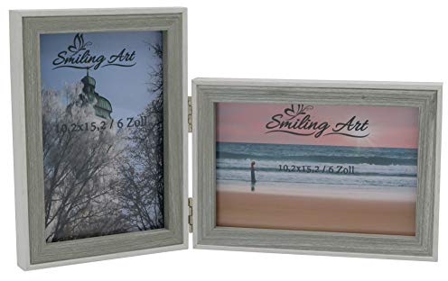Smiling Art | Doppel Bilderrahmen | 10x15 cm aus MDF Holz mit Glasscheibe | klappbarer Fotorahmen für 2 Fotos | zum Aufstellen oder Aufhängen | Querformat und Hochformat (Weiß & Grau, 2x10x15 cm)