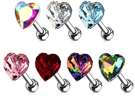 beyoutifulthings 7 Knorpel Ohr-stecker Kristall-Herz viele Farben Cartilage Labret Piercing-s Tragus Labret Edelstahl Schraub-Verschluss
