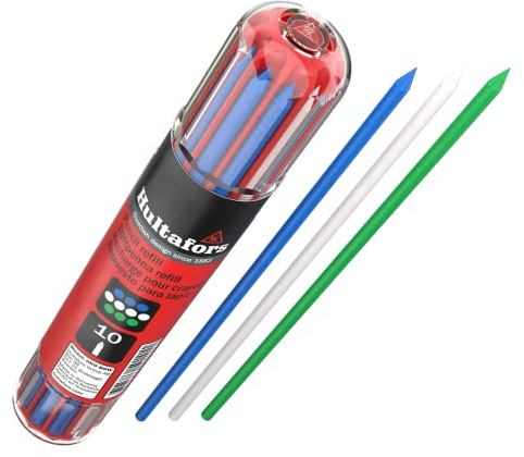 Juego de minas azul, verde y blanco para lápiz de carpintero 10 piezas I Hultafors I Con práctico dispensador con fijación por clip I Minas universales de 2,8 mm I Para diferentes superficies I 650140