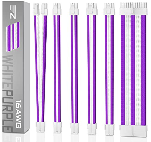 EZDIY-FAB PSU Kabelverlängerungsset Hülsenkabel Kundenspezifische Stromversorgung Hülsenverlängerung 16 AWG 24-PIN 8-PIN 6-PIN 4+4-PIN mit Weißen Kämmen-Weißer Stecker-Weiß und Lila Kabel