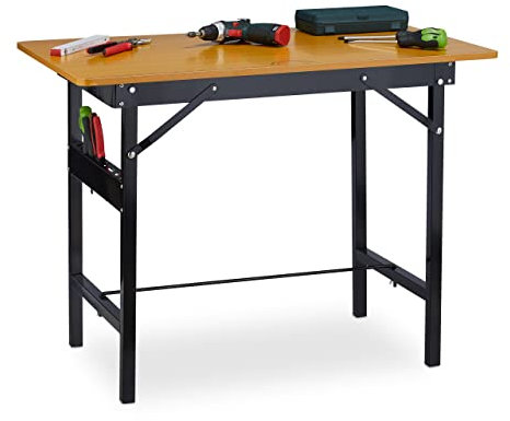 Relaxdays Banco da Lavoro Officina, Tavolo Pieghevole, Fino 100 kg, con Metro e Goniometro, 76x100x60cm, Naturale Nero, Acciaio, 1 pz