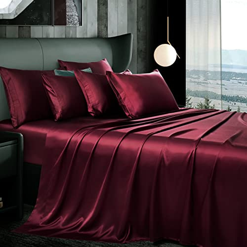 Manyshofu 7Pcs Burgundy Satin Sheets Queen Size Silky Satin Bed Sheets Set, Luxurious & Soft Bedding Set - 1 Fitted Sheet, 1 Flat Sheet, 4 Pillowcases + 1 Body Pillow case
