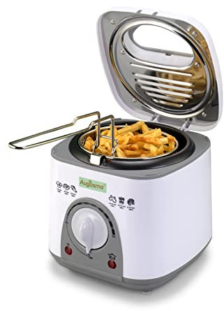 Augosoma Friggitrice ad olio 850-950 W, Friggitrice Elettrica Piccola 1 Litri con Oblò, Cestello in Acciaio Rimovibile Lavabile, Temperatura Regolabile, Piedini Gommati Antiscivolo, Bianco