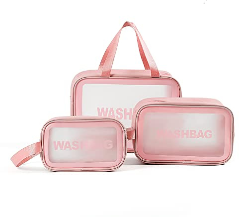 Miss or Miss Travel Wash Toiletry Bag for Women Men, Translucent Waterproof Makeup Cosmetic Bag Travel Organizer for Accessories, Toiletries,Set of 3,Pink