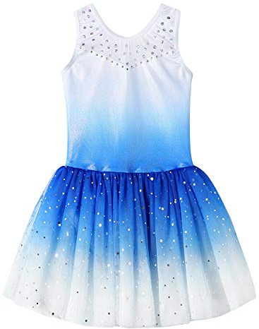 XiaoMoSha Ballettkleidung Mädchen Ballettkleid Turnanzug Kurzarm/Langarm Balletttrikot Ballettanzug Mädchen Tanzkleid mit Chiffon-Rock, Blau-Weiß, 8-9 Jahre