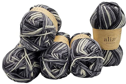 Ilkadim Export 5 x 100 Gramm Sockenwolle Alize Wooltime mehrfarbig, 75% Superwash Wolle, 500 Gramm Strickwolle für Stricksocken und Strümpfe (schwarz grau weiss 11016), wt1