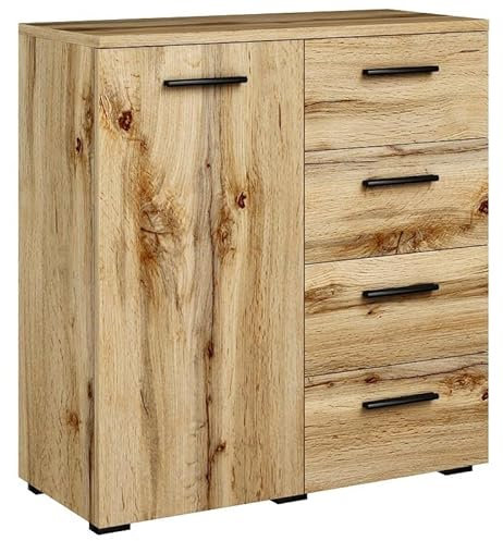 MATKAM Kommode Helena B80 x H84,5 x T35 cm, Sideboard mit 4 Schubladen und 1 Fächer mit Türen, ideal für Büro, Diele, Wohnzimmer, Jugend- oder Kinderzimmer (Wotan Eiche)