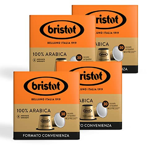 Bristot, 100% Arabica - 120 Capsule Compatibili Nespresso - Miscela di Caffè Origini Centro America e Brasile, Note di Cioccolato e Frutta Secca - 4 Confezioni da 30 capsule