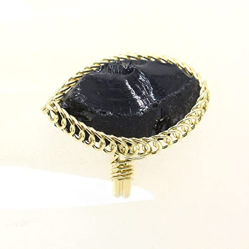 ARTQ Steinring Natürlicher Obsidian-Steinring Unregelmäßiger, Drahtgewickelter Ring, Verstellbarer Öffnungsring, Kreativität, Statement, Modische Ringe, Frauen, Muttertagsgeschenke, Schmuck Fü