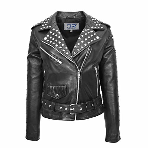 Divergent Retail DR256 - Chaqueta de piel estilo motociclista con tachuelas para mujer, color negro, Negro -, 14
