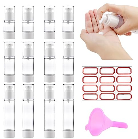 DOUSELLA 12 PCS Bouteille Flacon Vide 15ml 30ml 50ml Flacon Pompe Airless Flacon Voyage Avion Spray Flacon Pulvérisateur Vide Flacon Spray Vide avec Entonnoir et Etiquettes pour Tonique Lotion Crème