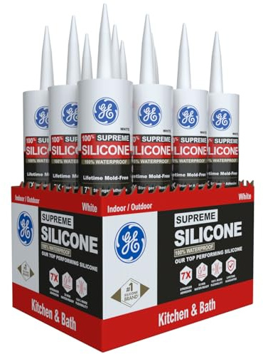 GE Supreme Silicone Caulk for Kitchen & Bathroom, White, 10 fl oz Cartridge, 12 Pack - 100% Waterproof Silicone Sealant, 7X Stronger Adhesion, Shrink & Crack Proof
