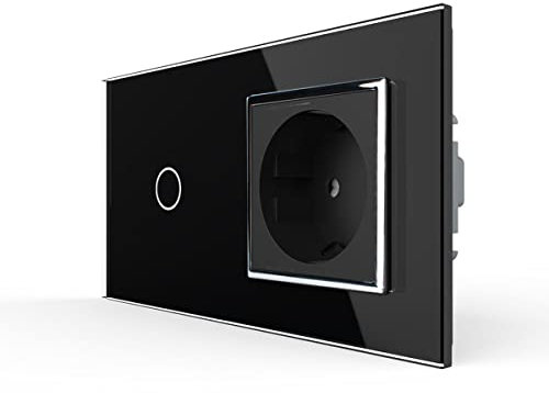 LIVOLO Touch Funkschalter Smart 1-Weg Lichtschalter Wandschalter Schalter Fernbedienung LED Kontrollleuchte mit Schuko Steckdose für UP inkl. 2-Fach Glasrahmen aus Kristallglas in Schwarz