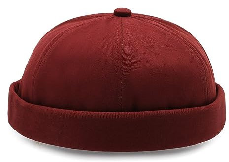Basecap Herren Vintage Dome Hat Herren Einfarbige Baumwollmützen Für Männer Docker Sailor Crimping Brimless Skull Caps Hip Hop Cap, Weinrot, 56-60 cm