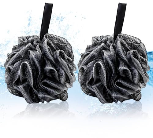 2 Pezzi Bagno doccia spugna, palla Doccia,Nera Spugne da Doccia Confortevole e Morbida Tessuto a Rete,Esfoliante palline di schiuma per Esfoliare per Uomini e Donne Spugna a Rete