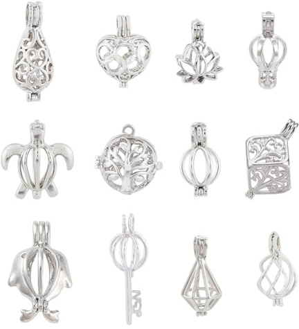 HOBBIESAY 12Pcs 12 Styles Brass Bead Cage Pendants Open Hollow Cage Charms Hollow Filigree Cage Charms Chime Ball Pendants Sea Turtle Charm for DIY Necklaces Jewelry Making Supplies-Platinum