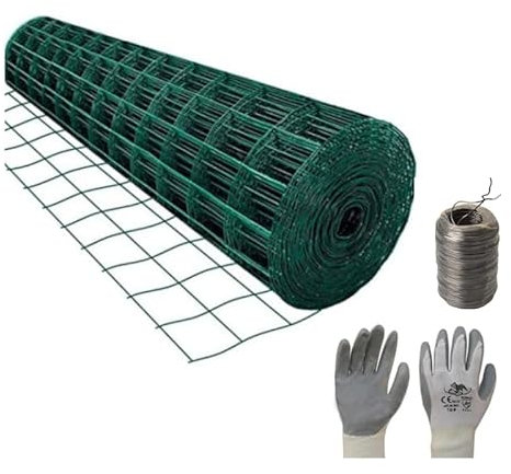 PINTO FERRAMENTA Rete Recinzione Elettrosaldata Metallica Zincata o Plastificata Verde Maglia 50X75mm rotolo Varie Misure in Omaggio Matassa Filo di Ferro e Guanti (H150x10mt, VERDE)