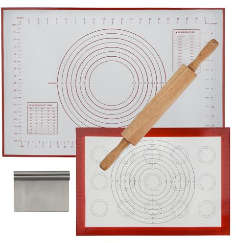 GreatChef Wood Rolling Pin 17.8 Inch for Dough with Pastry Scraper/Cutter & 2 PCS Heat-resistant Silicone Baking Mat, Non-stick, for Cookie, Pie, Macaroon, bread, Baking Pasry Tools Set