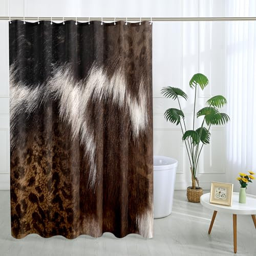 Rustic Cow Shower Curtain with 12 Hooks Leopard Aesthetic Cow Rustic Vintage Brown Polyester Room Ornaments Waterproof Decorative Bathroom Hotel Bathtub Outdoor Short Shower Curtain 72x72 Inch