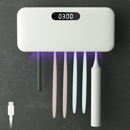 ELMWAY STB-038 Family UV Toothbrush Sanitizer Holder – Wall-Mounted Sterilizer for 5 Brushes and 1 Razor, USB-C Rechargeable 4400mAh Unit with Fan, Heated Drying and LED Clock – White