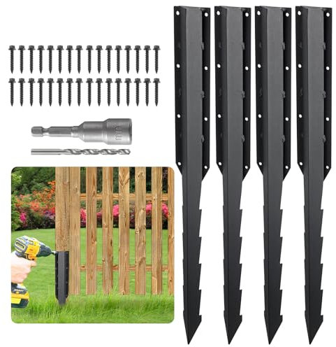 Fence Post Repair Spike, 1/2/4PCS 33in Carbon Steel Fence Support Holders with Screws, Heavy Duty Damage Fence Ground Spike for Garden, Lanyard (4)