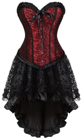 AIPILEI Corsetto abito bustier gotico con gonna set pizzo Burlesque Flower, Rosso, S