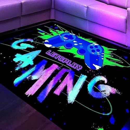HOLAVIDA Neon spelmattor område, 3D svart ljus UV-reaktiv spelkontroll matta, halkfri fluorescerande golvmatta, lyser i mörkret lekmatta för barn lekrum 180 x 120 cm