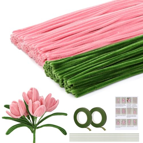 Pfeifenreiniger Blume Kit, Pfeifenputzer zum Basteln Pfeifenreiniger Blumen Set Anleitung Grüner Florist Draht Blumenband für Pfeifenreinigers Blumenstrauß Handwerk Dekoration