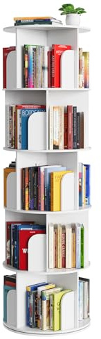 SpaceAid Drehbares Bücherregal im Kreuz-Stil, 5 Etagen, drehbares 360°-Bücherregal, Lazy Susan Tower, vertikal drehbares Bücherregal, Aufbewahrung, rundes Karussell, platzsparender Organizer, weiß