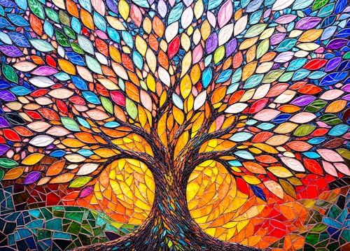 Colorful Tree Jigsaw Puzzles for Adults 1000 Piece | Large Poster Included, Back Letters Hints/A-D Sections, Dust-Free, Finished Size 70×50cm, Family Indoor Activity