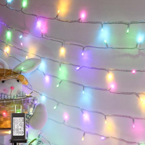 cshare Easter String Lights, Pastel Easter Lights Plug in with Timer 8 Lighting Modes 32ft 100LED Transparent Wire Fairy Lights for Easter Decorations Garland Outdoor Indoor Party