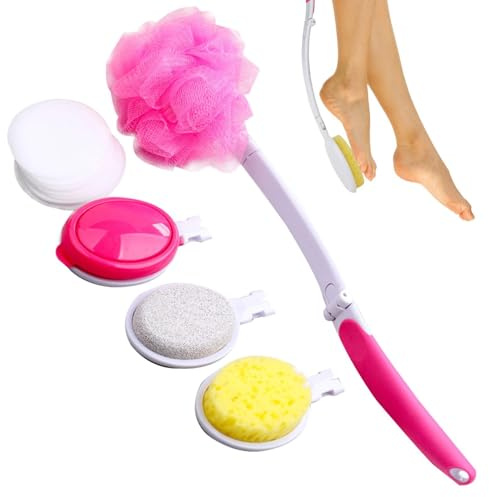 Demsyeq Badebürste mit langem Griff, Lotion-Applikator, verbesserte Hautgesundheit, mit 4 Bürstenköpfen, Rücken-Badebürsten-Set, faltbare Rücken-Badebürste für Dusche