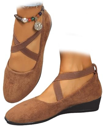 Cómodas zapatillas de mujer elásticas con tiras cruzadas, tacón de cuña, bailarina, tobillo, elásticos, correas cruzadas, punta redonda, zapatos cómodos, marrón, 39 EU